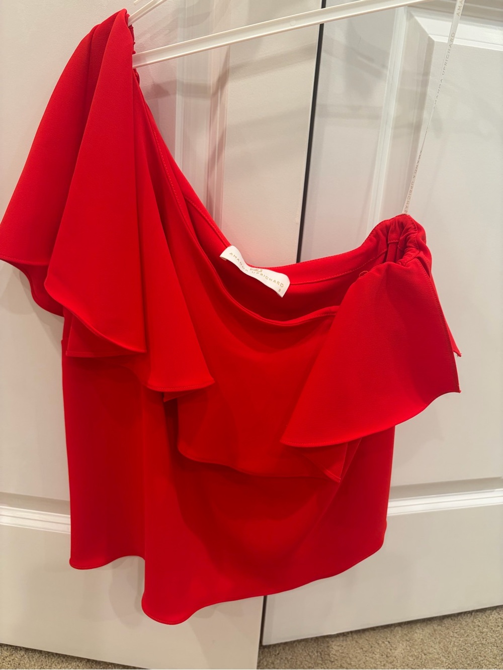 Amanda Uprichard Red One-Shoulder Ruffle Top